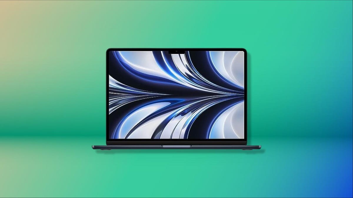 The M2 MacBook Air is displayed against a gradient green background.ommerce-image