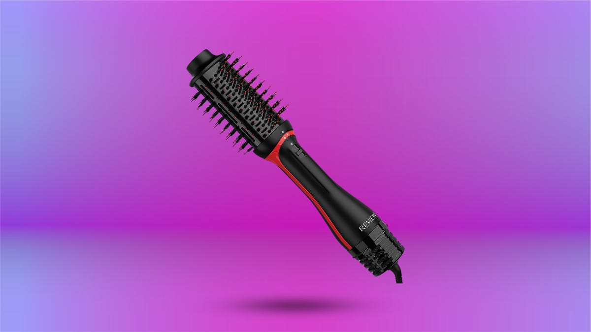 The Revlon One Step Volumizer Plus Hair Dryer and Styler is displayed against a gradient purple background.