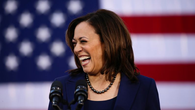 Harris holds her first presidential campaign rally in January 2019. She had announced her presidential bid a week earlier on Martin Luther King Jr. Day. Her campaign signs carried the theme