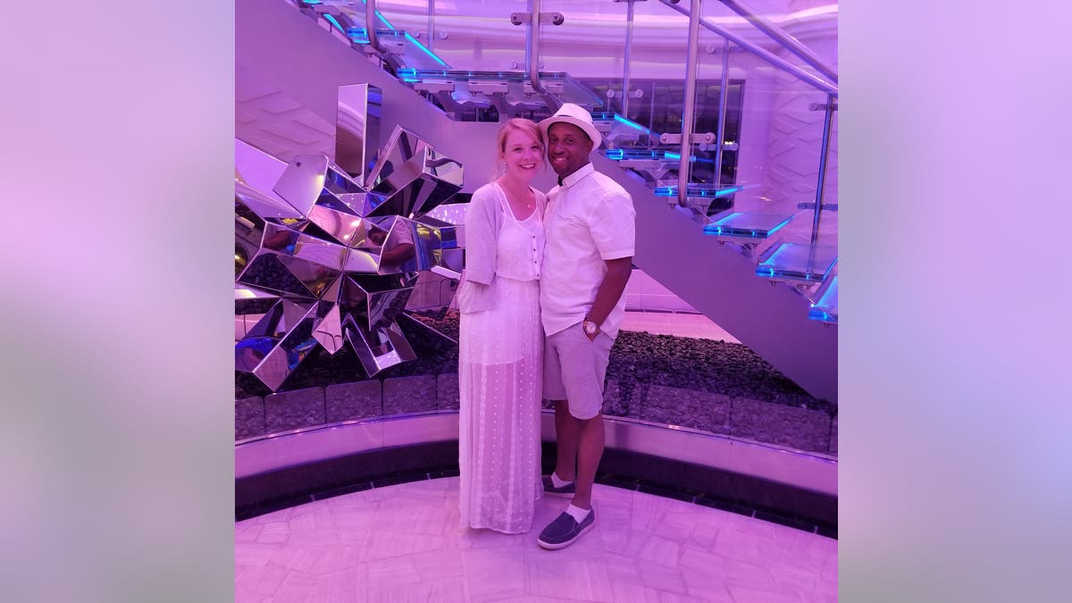 Tiffany Johnson and her loving husband, who jumped into the water to help her, during their first cruise after the shark attack.