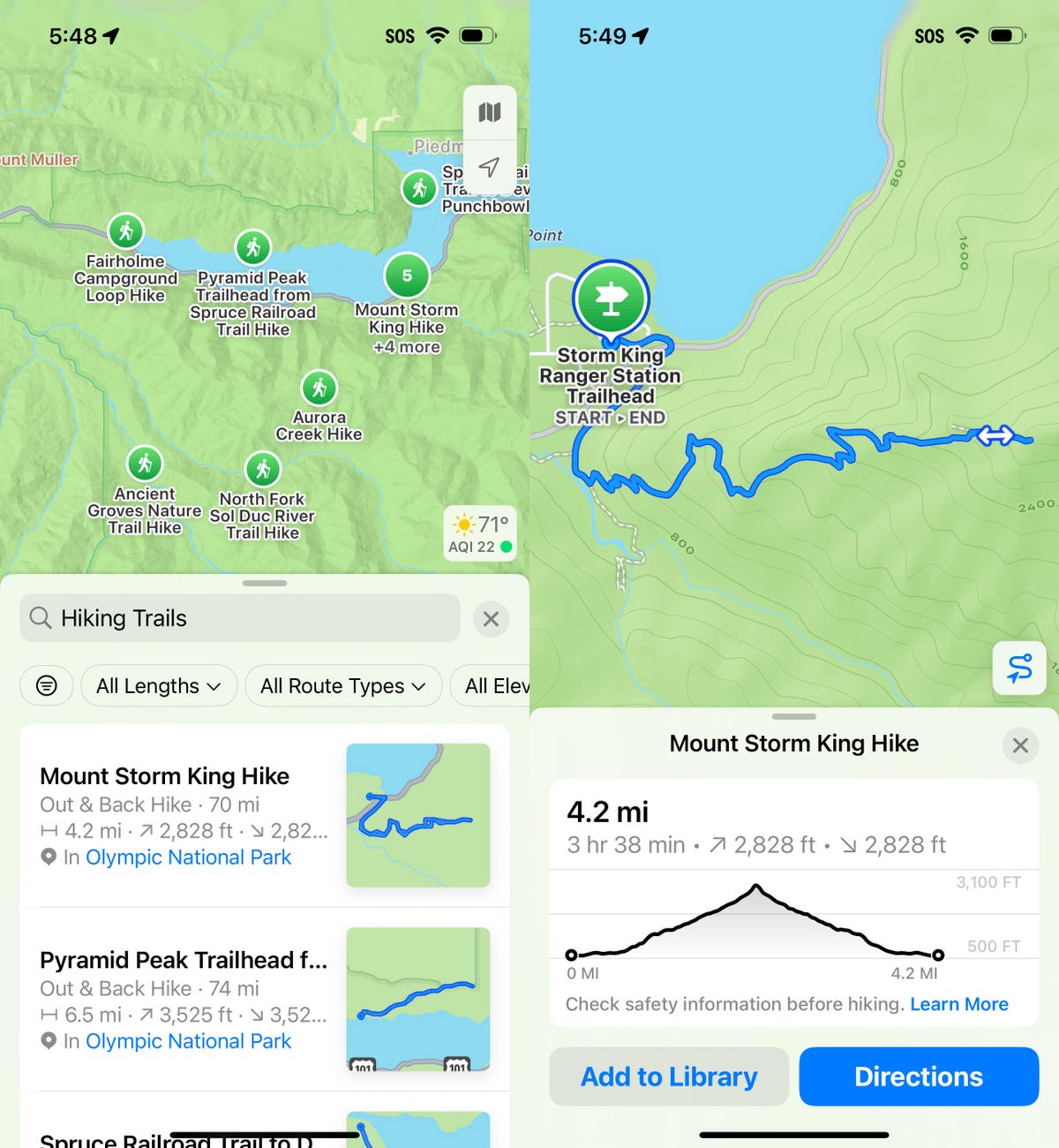 Two iPhone screenshots of Apple Maps showing hikes.