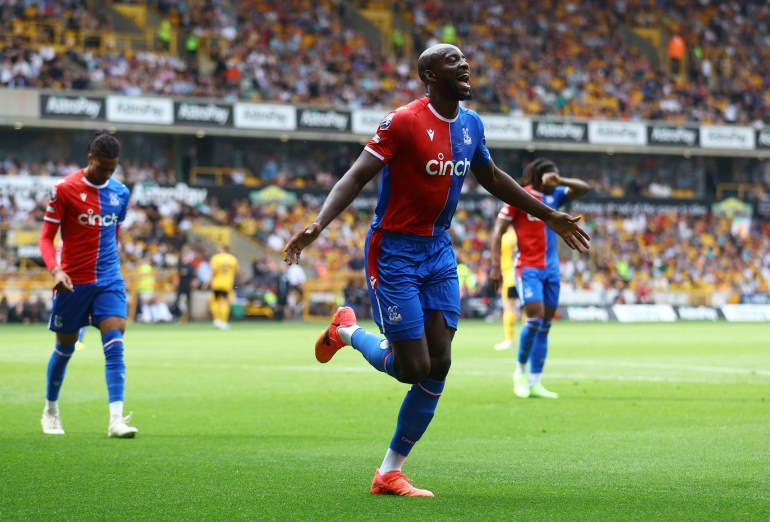 Soccer Football - Premier League - Wolverhampton Wanderers v Crystal Palace - Molineux Stadium, Wolverhampton, Britain - May 11, 2024 Crystal Palace's Jean-Philippe Mateta celebrates scoring their second goal REUTERS/Carl Recine EDITORIAL USE ONLY. NO USE WITH UNAUTHORIZED AUDIO, VIDEO, DATA, FIXTURE LISTS, CLUB/LEAGUE LOGOS OR 'LIVE' SERVICES. ONLINE IN-MATCH USE LIMITED TO 120 IMAGES, NO VIDEO EMULATION. NO USE IN BETTING, GAMES OR SINGLE CLUB/LEAGUE/PLAYER PUBLICATIONS. PLEASE CONTACT YOUR ACCOUNT REPRESENTATIVE FOR FURTHER DETAILS..