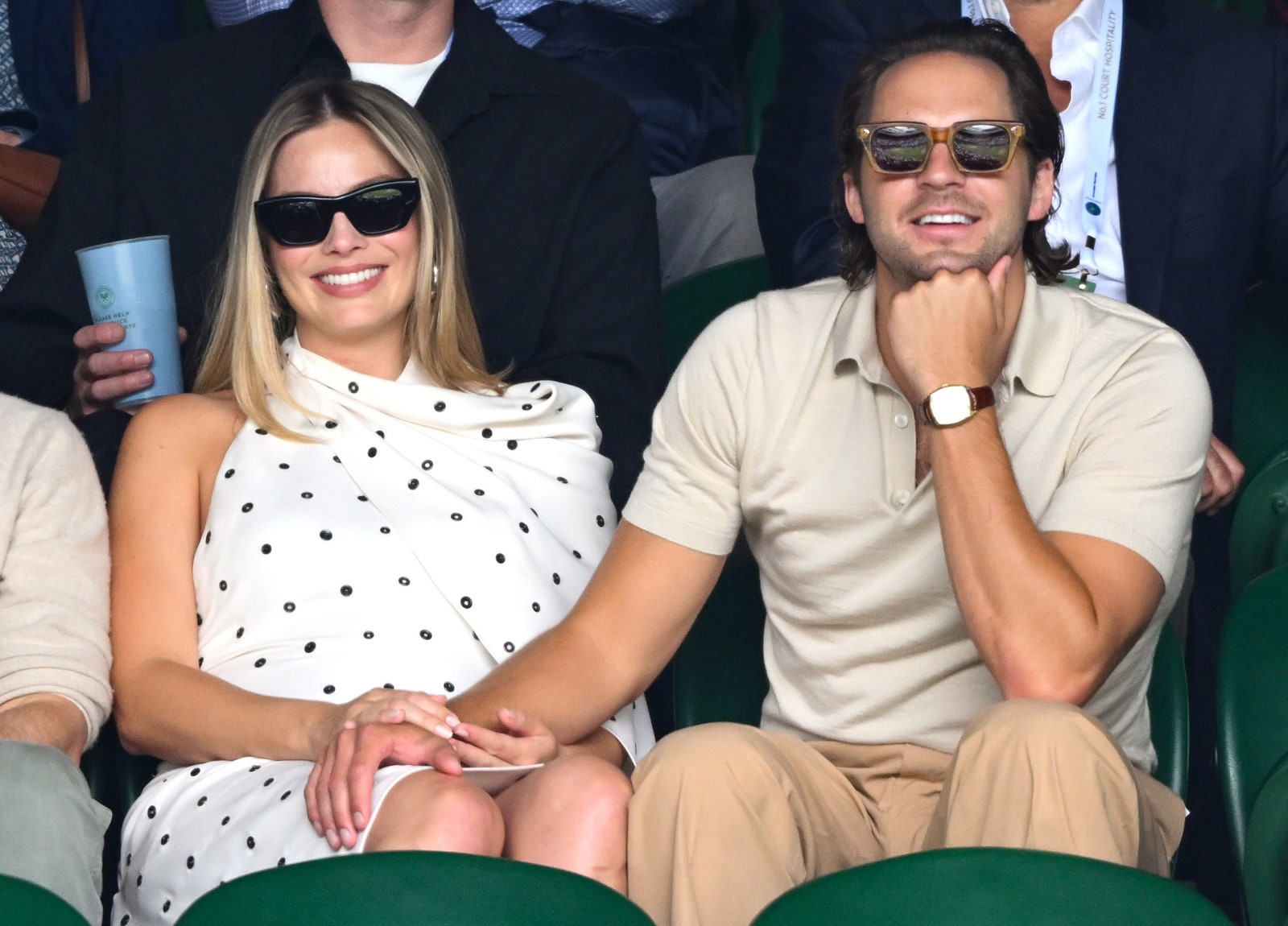 LONDON ENGLAND JULY 12 Margot Robbie and Tom Ackerley courtside of Centre Court on day twelve of the Wimbledon Tennis...