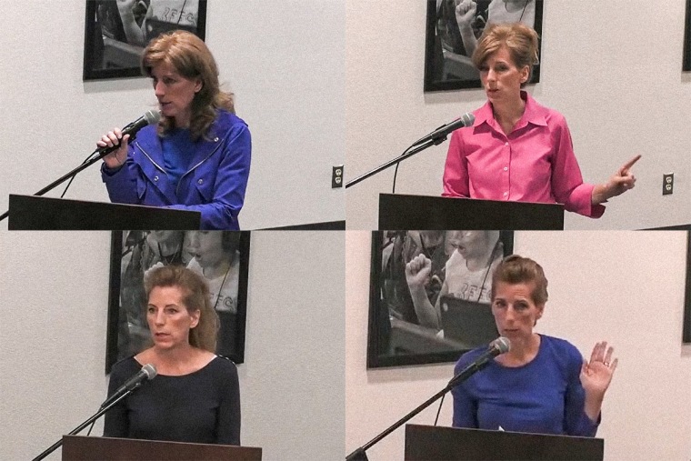 Stills from Monica Brown's appearances at Granbury ISD school board meetings on April 25, May 16, June 2, and July 18, in Granbury, Texas.