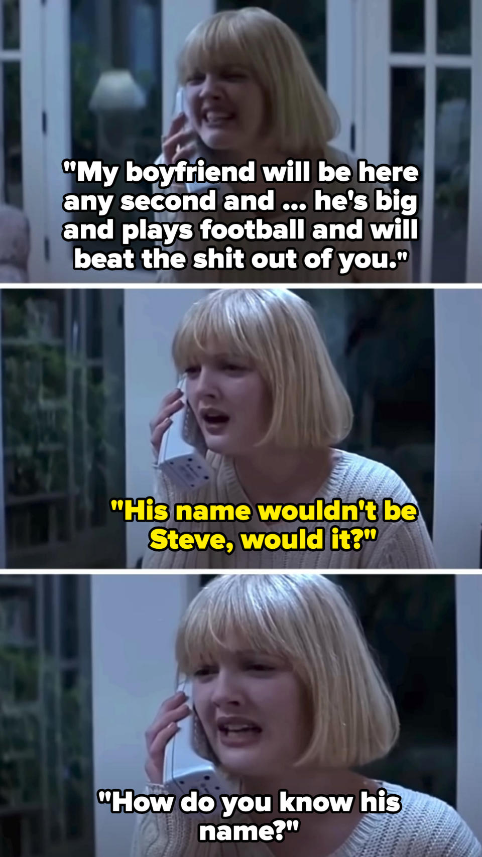 Drew Barrymore is gripping a phone and looks distressed in a series of three images from a scene in "Scream." She is wearing a light-colored, long-sleeved sweater