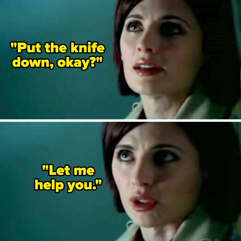 I don't know who these people are. Two-panel image showing a woman with short dark hair looking up and speaking, with a concerned facial expression