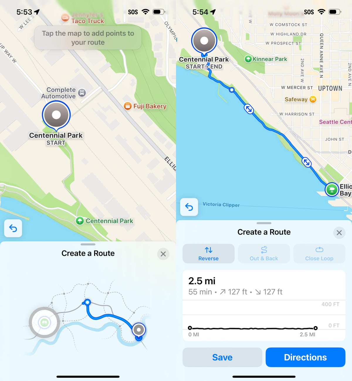 Two iPhone screenshots showing Apple Maps creating a new Route.