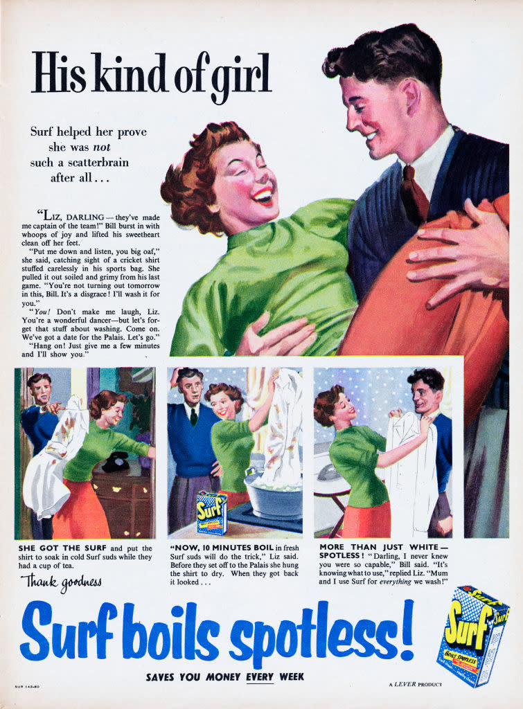 A vintage advertisement featuring a woman doing laundry with Surf detergent. A man is embracing her from behind as text praises the detergent's effectiveness