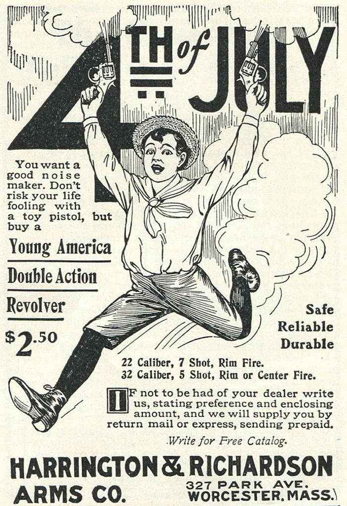 Vintage advertisement for Harrington & Richardson Arms Co., promoting a Young America double-action revolver for $2.50, with safety and durability emphasized