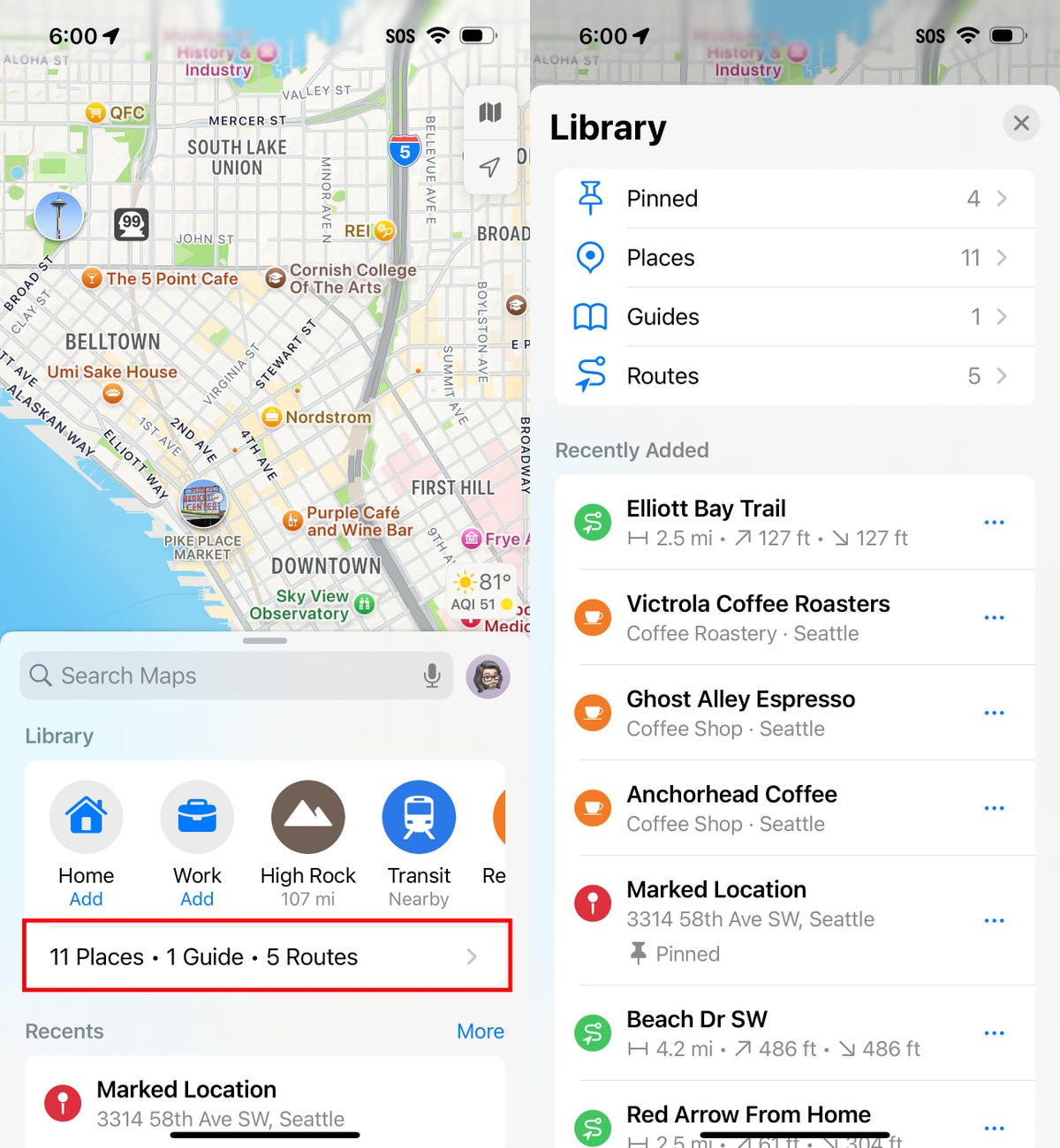 Two iPhone screenshots showing the Apple Maps Library interface.