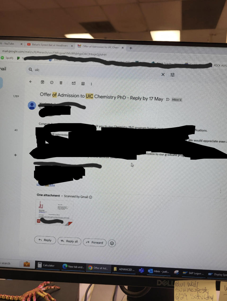 Email regarding an offer of admission to the UIC Chemistry PhD program, highlighting the acceptance deadline of May 17, information on funding, and a PDF attachment