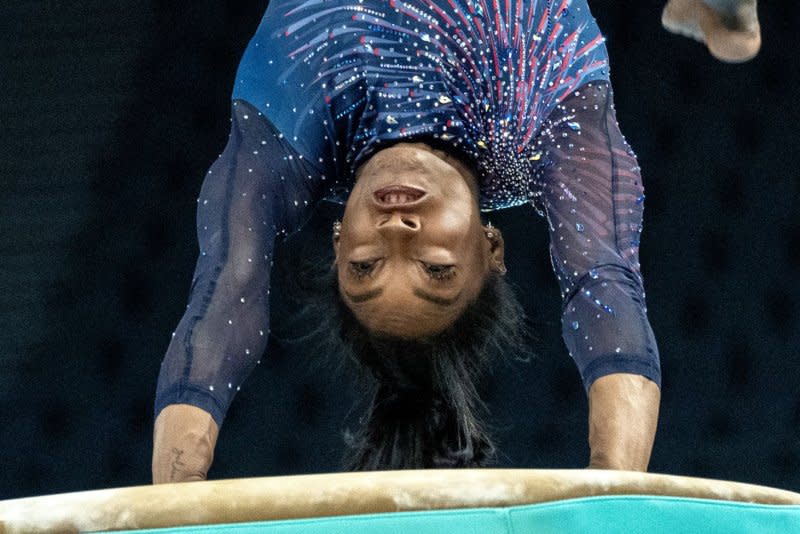 Team USA's Simone Biles performs the Biles II at practice Thursday at Bercy Arena in Paris. Photo by Pat Benic/UPI