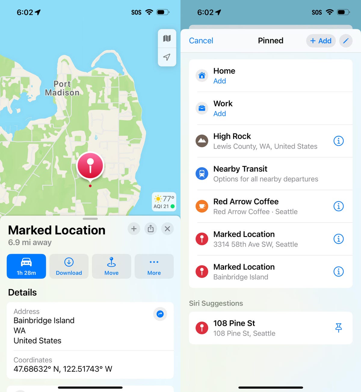 Two iPhone screenshots showing a Marked Location and a list of Pinned places.