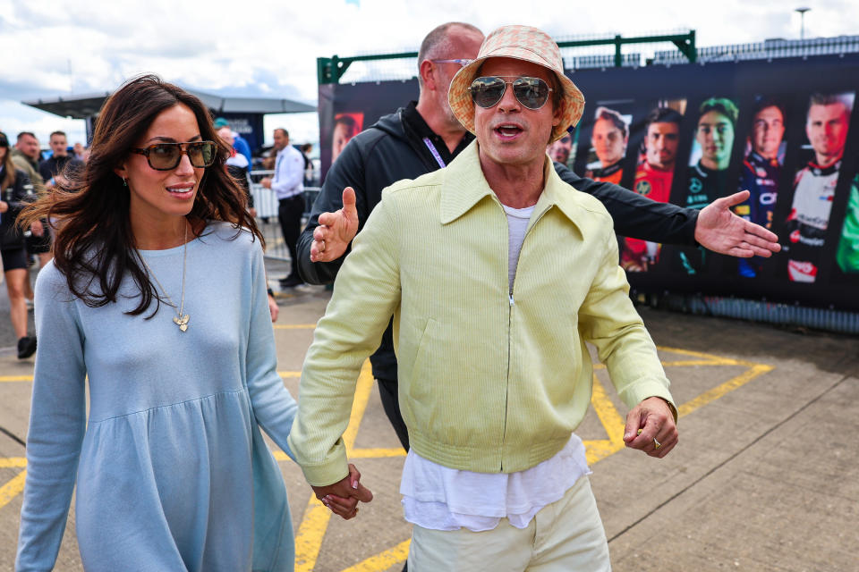 Brad Pitt & Ines de Ramon at the F1 Grand Prix of Great Britain at Silverstone Circuit on July 7, 2024 in Northampton, U.K.