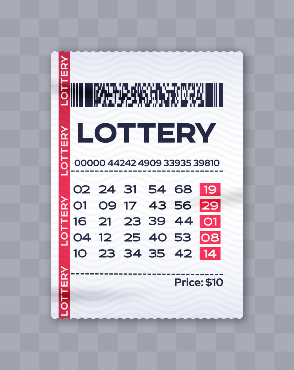 Lottery ticket showing numbers and highlighting 19, 29, 38, 09, 08, and 14 as drawn numbers. Price: $10