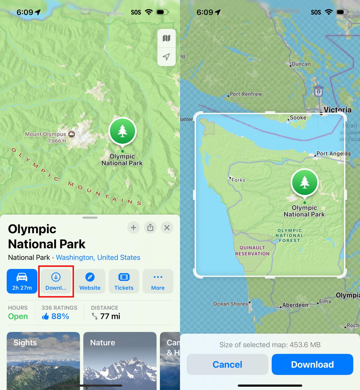 Two iPhone screenshots of Apple Maps showing how to download an offline map.