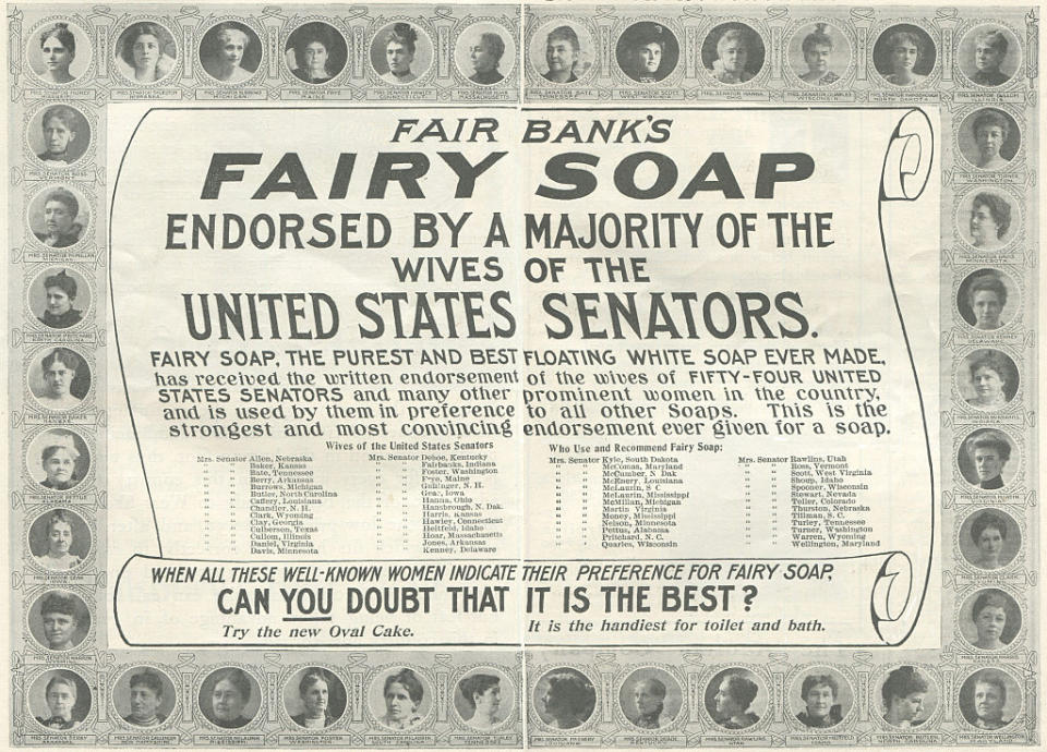 Vintage advertisement titled "Fairy Soap" claiming endorsement by U.S. Senators' wives. The ad includes portraits of women, stating Fairy Soap is the best choice for toilet and bath