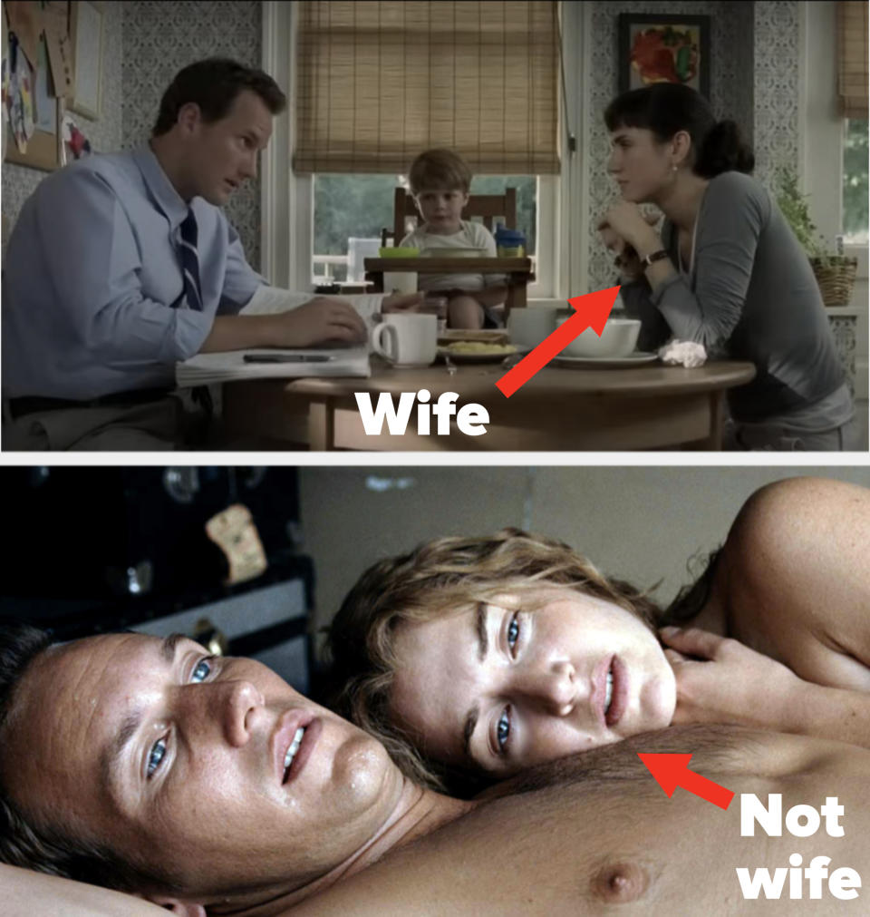 Top: Patrick Wilson as Brad Adamson, Sadie Goldstein as Lucy Adamson, and Jennifer Connelly as Kathy Adamson sitting at a kitchen table with coffee. Bottom: Patrick Wilson shirtless in bed with Kate Winslet as Sarah Pierce