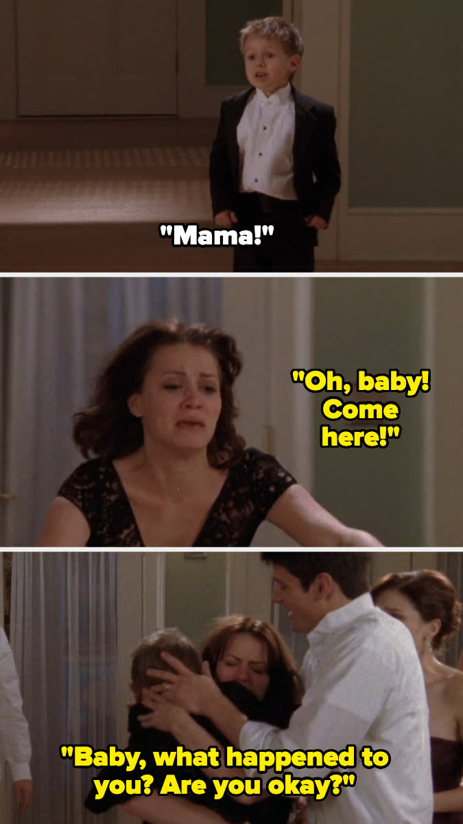 A young boy in a tuxedo shouts, "Mama!" A woman tearfully responds, "Oh, baby! Come here!" They then embrace, while a man asks, "Baby, what happened to you? Are you okay?"