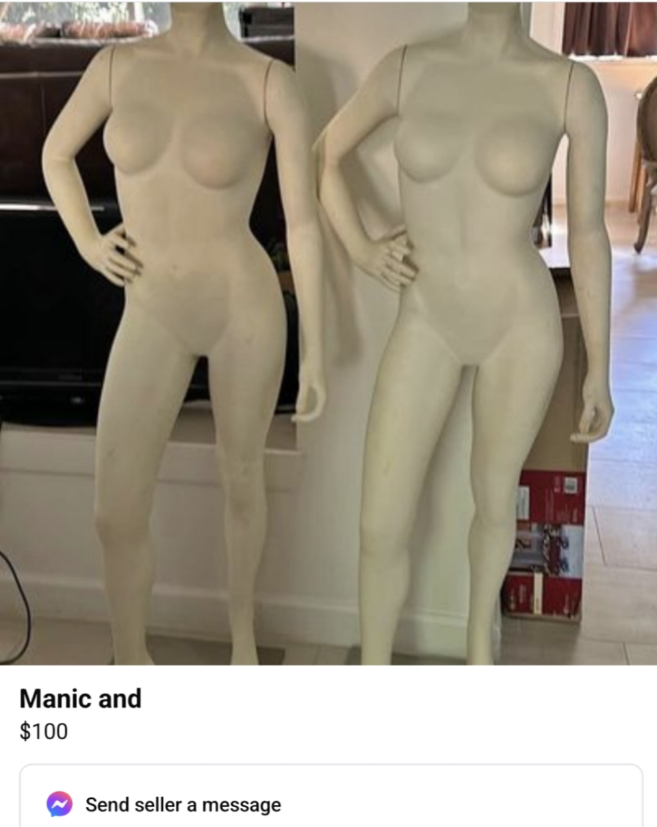 Two featureless white mannequins standing side by side, displayed for sale on an online listing platform priced at $100