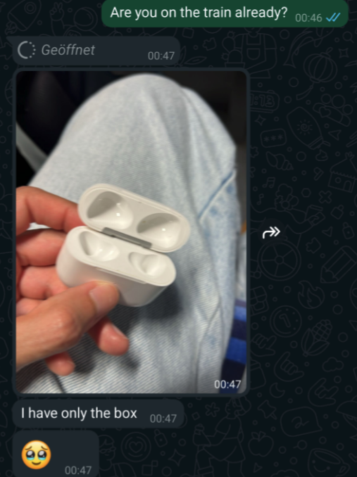 Messaging app screenshot showing a conversation. A person is holding an open, empty earbud case. Text: "Are you on the train already?", "I have only the box", with a sad emoji