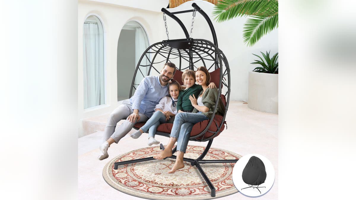 An egg swing is one of the comfiest swings for outside.