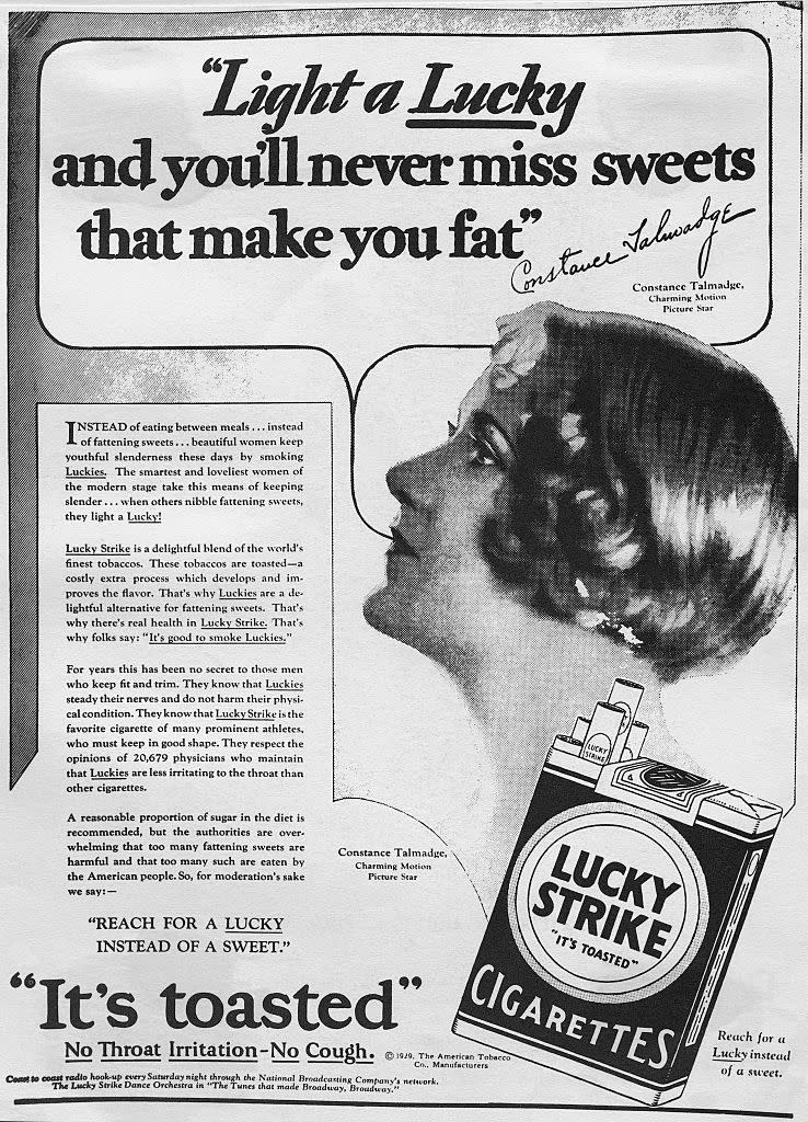An old Lucky Strike advertisement featuring Constance Talmadge, promoting the brand with the slogan "Light a Lucky, and you'll never miss sweets that make you fat."