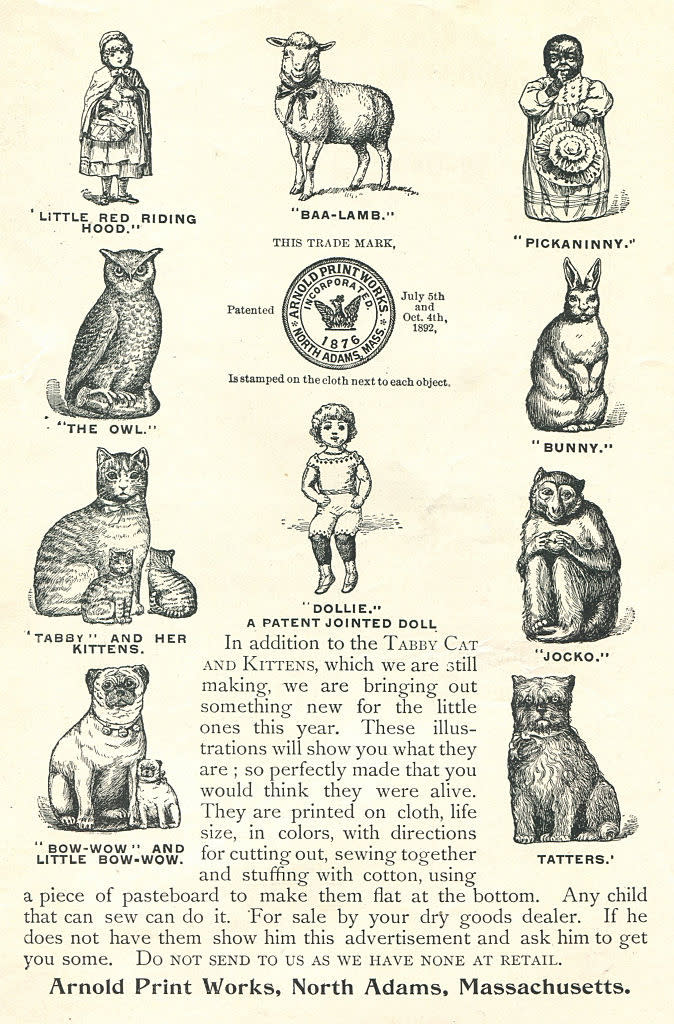 Catalog page featuring various stuffed animal toys and a jointed doll, including "Little Red Riding Hood," "Baa-Lamb," "Pickaninny," "The Owl," "Bunny," "Tabby and Her Kittens," "Jocko," and "Tatters."