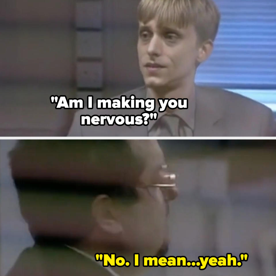 Two men in separate frames. Top: Man in a suit with a bowl haircut. Bottom: Man with glasses, likely wearing a suit