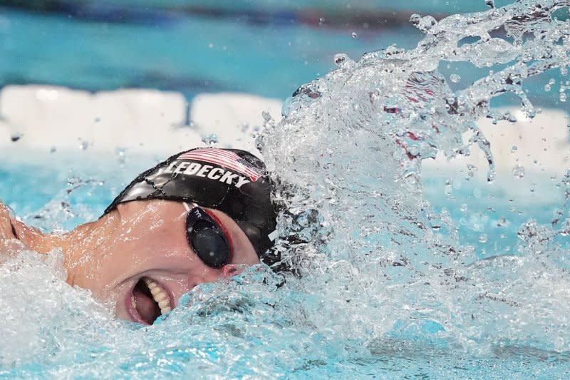 Katie Ledecky of the United States competes in the women's 400-meter freestyle finals at the Paris Olympics on Saturday at La Defense Arena in Paris. Photo by Richard Ellis/UPI