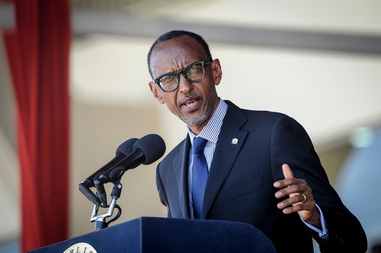 FILE - In this Tuesday, Feb. 11, 2020 file photo, Rwanda's President Paul Kagame speaks during the state funeral of Kenya's former president Daniel arap Moi, at Nyayo Stadium in the capital Nairobi, Kenya. The new book "Do Not Disturb" by British author Michela Wrong questions why some in the international community continue to praise Rwandan President Paul Kagame despite repression in his central African country. (AP Photo/John Muchucha, File)