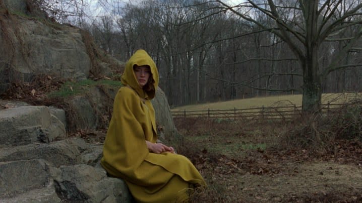 Bryce Dallas Howard sits on a log in a yellow, hooded robe in a still from the movie The Village.