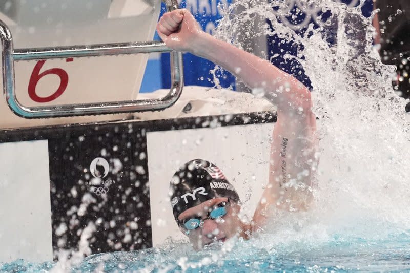 Hunter Armstrong of Team USA celebrates after winning the men's 4X100-meter freestyle relay final at the Paris Olympics on Saturday at La Defense Arena in Paris. Photo by Richard Ellis/UPI