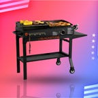 The Blackstone Duo 17-inch Propane Griddle and Charcoal Grill Combo is displayed against a red, white and blue background.