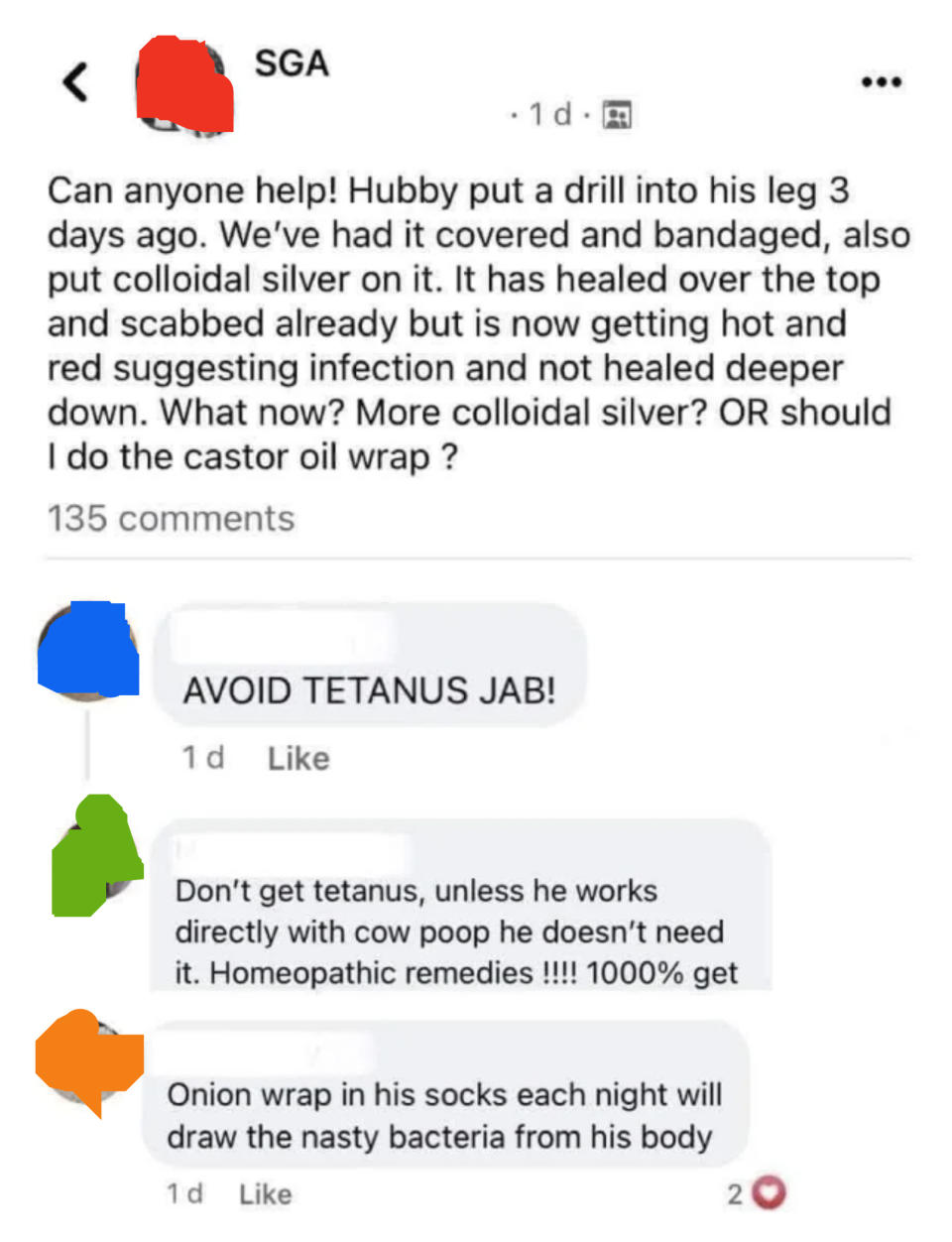 Screenshot of a social media conversation where individuals discuss remedies for a husband's leg injury, with suggestions for alternative medicine