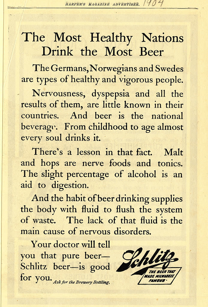 Advertisement titled "The Most Healthy Nations Drink the Most Beer" from Harper's Magazine, 1907, promoting Schlitz beer as a healthy choice for its supposed digestive benefits
