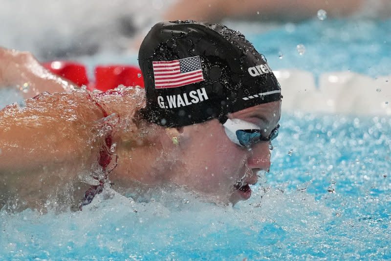 Gretchen Walsh of the United States competes in the women's 100-meter butterfly semifinal at the Paris Olympics on Saturday at La Defense Arena in Paris. Photo by Richard Ellis/UPI