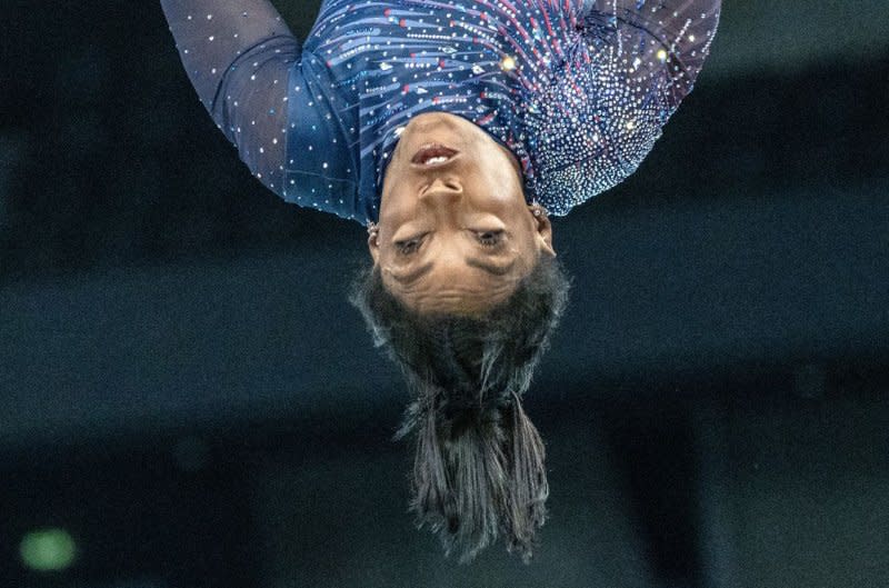 USA's Simone Biles performs the Biles II on the vault during practice Thursday at Bercy Arena in Paris. Photo by Pat Benic/UPI
