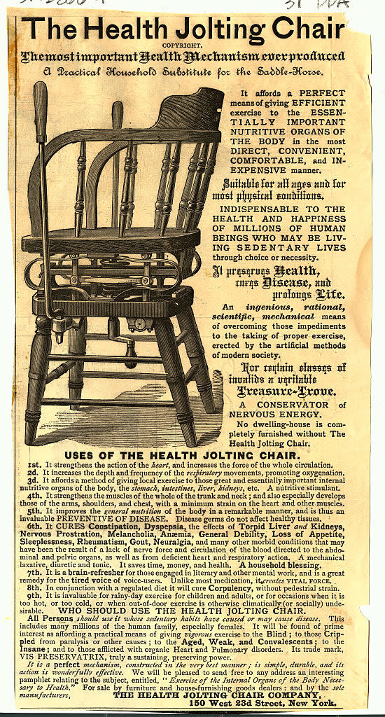 An advertisement for "The Health Jolting Chair," promoting its health benefits, such as improving blood circulation and treating various ailments. Includes testimonials and usage tips