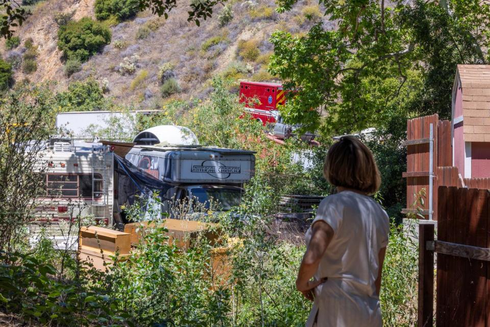 A woman looks at a neighboring property littered with vehicles and other objects.