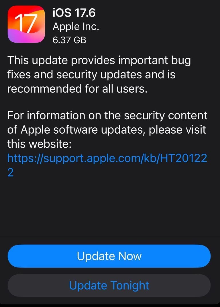 The download page for iOS 17.6 which says the update provides important bug fixes and security updates and is recommended for all users.