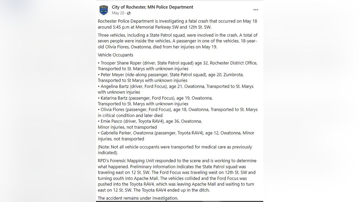 The police in Rochester, Minnesota, released this information after the fatal crash involving State Trooper Shane Roper, who was criminally charged in July.