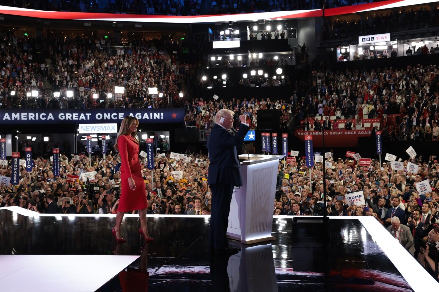 Donald Trump officially accepts the Republican presidential nomination on stage on the fourth day of the Republican National Convention at the Fiserv Forum on July 18, 2024 in Milwaukee, Wisconsin.