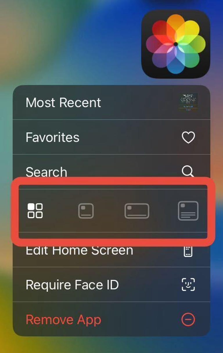 An app menu with options to resize the icon outlined