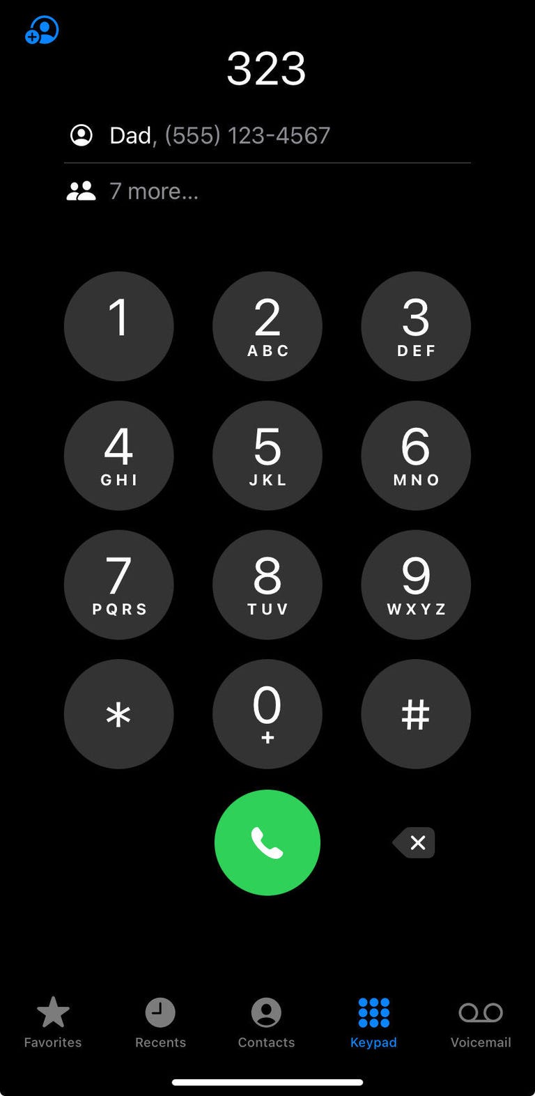 Dialing 3-2-3 in Phone to bring up the contact Dad