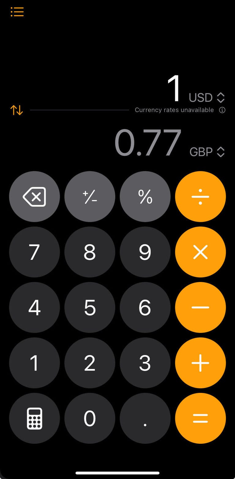 Conversion rates for USD and British Pound in Calculator
