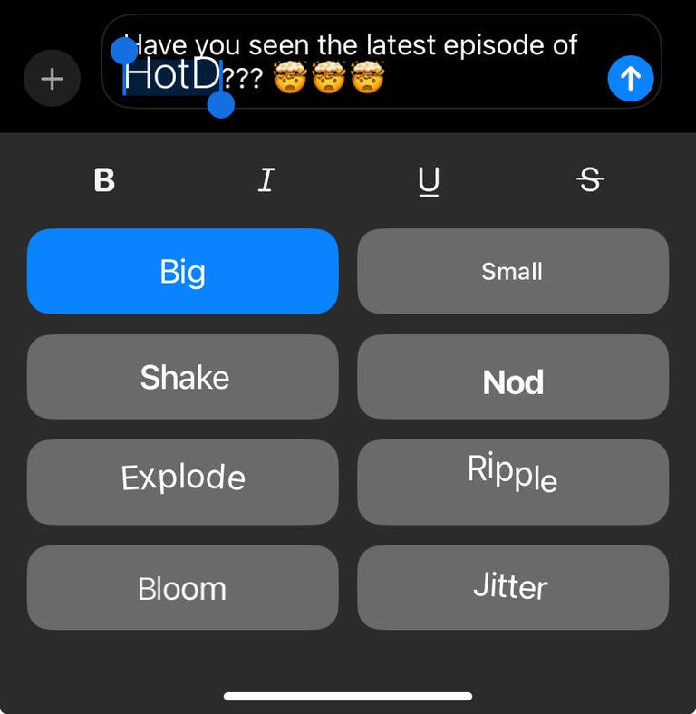 A message using the text effect Big