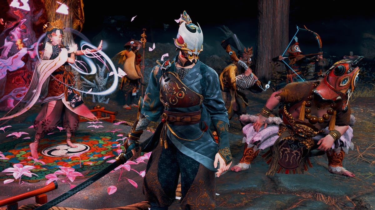 A group shot of priestess Yoshiro and warrior Soh alongside various villagers assigned to different combat roles.