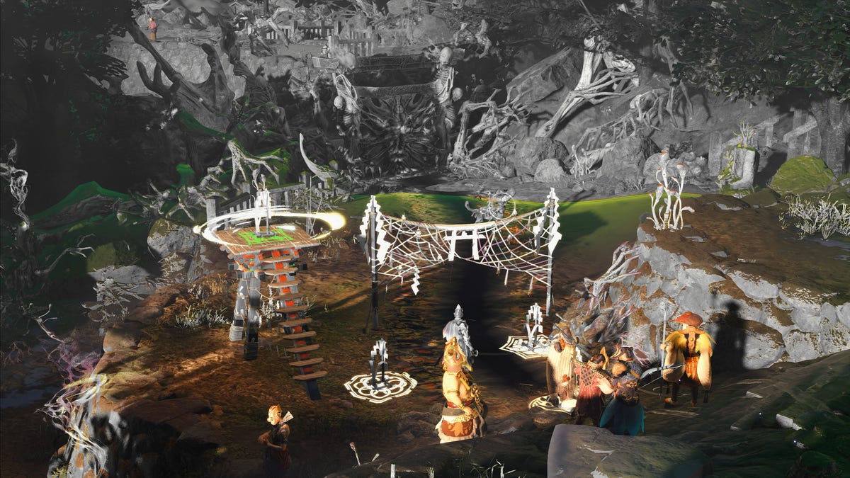 A stage setting with possible construction projects -- platforms, gates and traps -- outlined in white for players to assign the builder to craft.