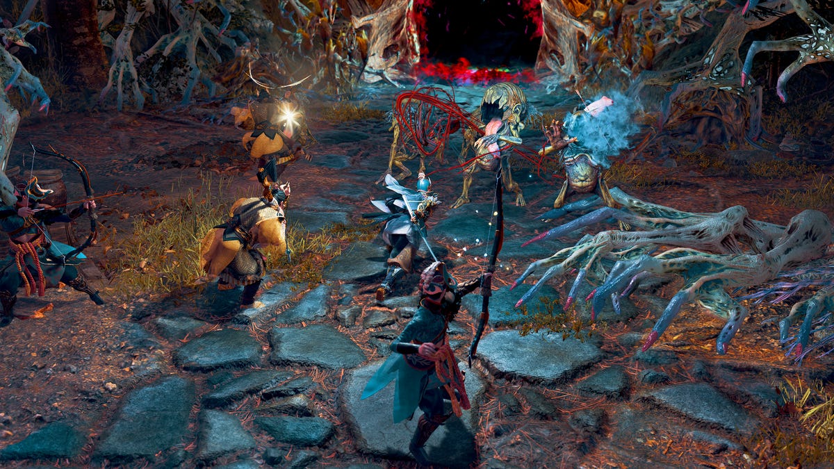 Several villagers in different roles fight with Soh, the player character, against Seethe demons.